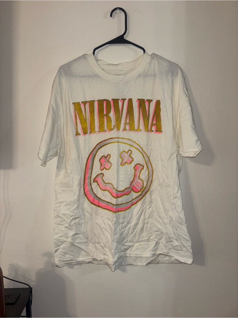 NIRVANA White Tee with Pink & Gold Smiley Graphic